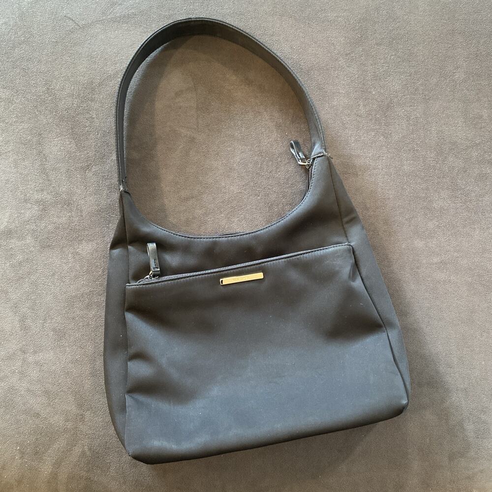 Nine West Black‎ Nylon Shoulder Bag Multi Zip Hobo Purse Womens